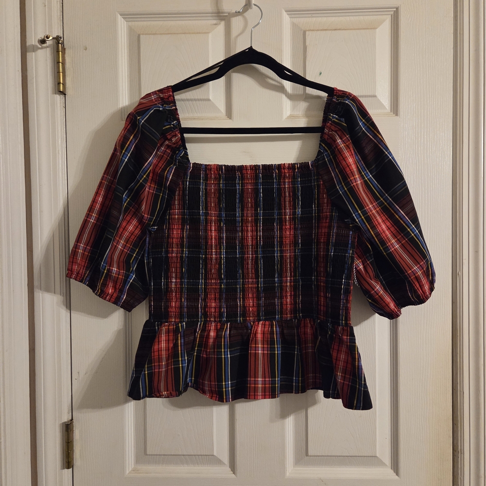 Draper James Red and Blue Plaid Peplum Blouse